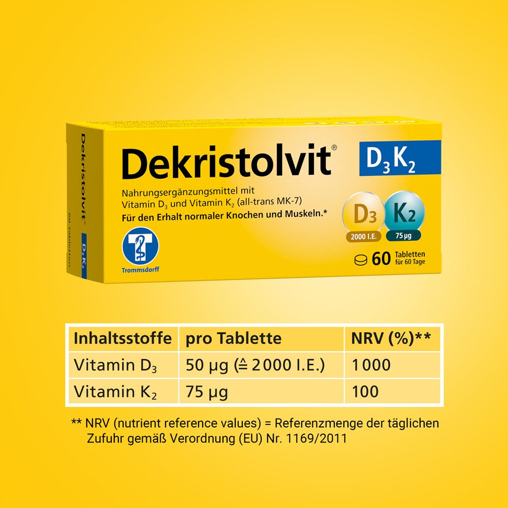 Dekristolvit D3K2 Tablettenverpackung mit Nährwertangaben pro Tablette.