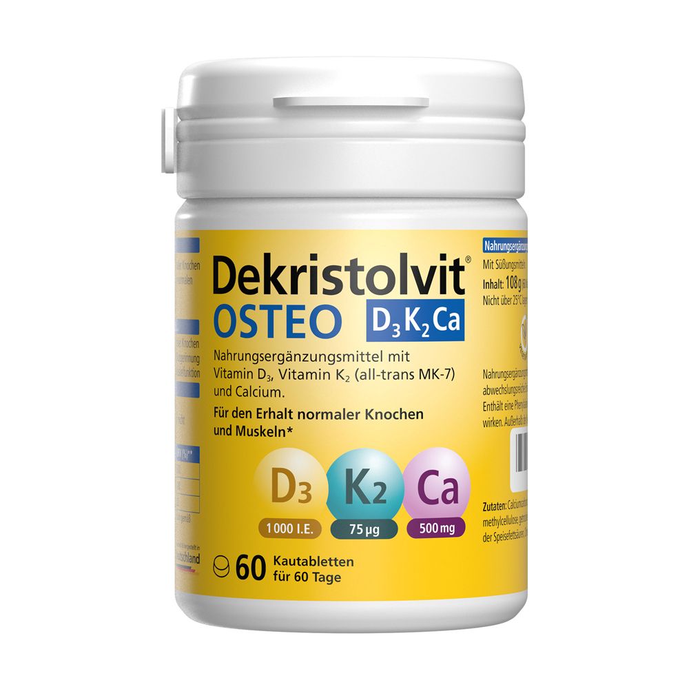 Dekristolvit® OSTEO D3K2Ca Kautabletten: Dose mit 60 Tabletten, enthält Vitamin D3, K2 und Calcium.