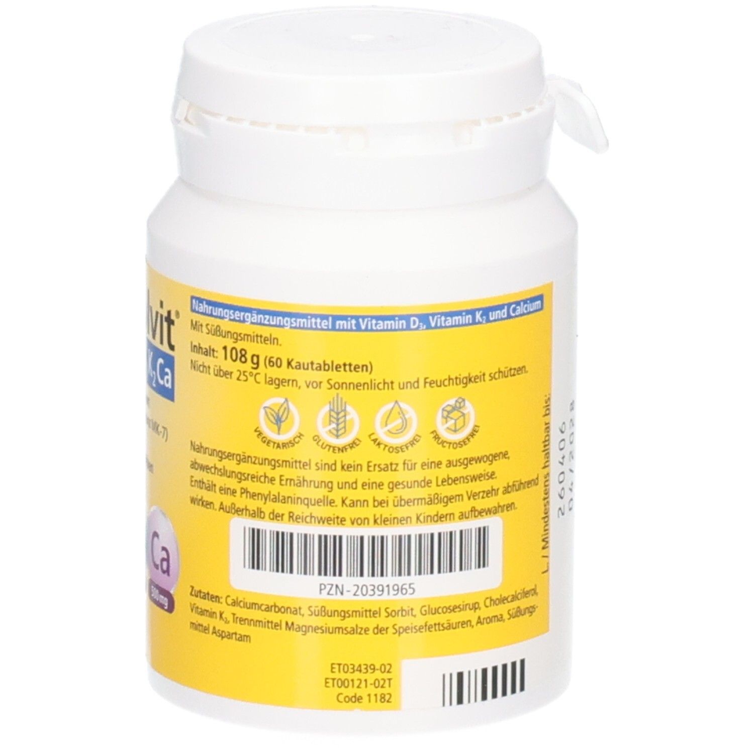 Rückseite der Dekristolvit OSTEO D3K2 Ca Kautabletten-Dose mit Inhaltsstoffen, PZN und Barcode.