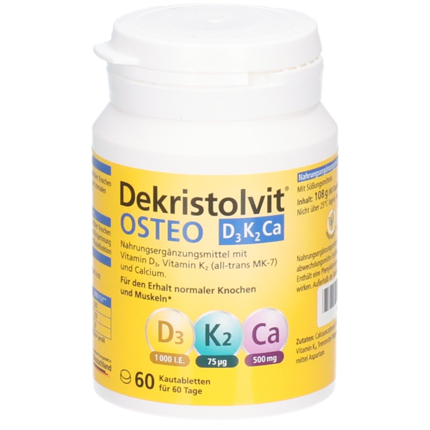 Dekristolvit OSTEO D3K2 Ca Kautabletten: Dose mit 60 Kautabletten, Fokus auf Vitamin D3, K2 und Calcium.