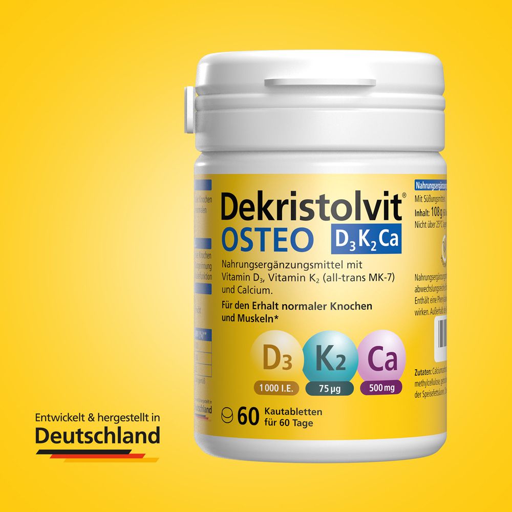 Dekristolvit® OSTEO D3K2Ca Kautabletten: Dose mit 60 Tabletten, hergestellt in Deutschland.