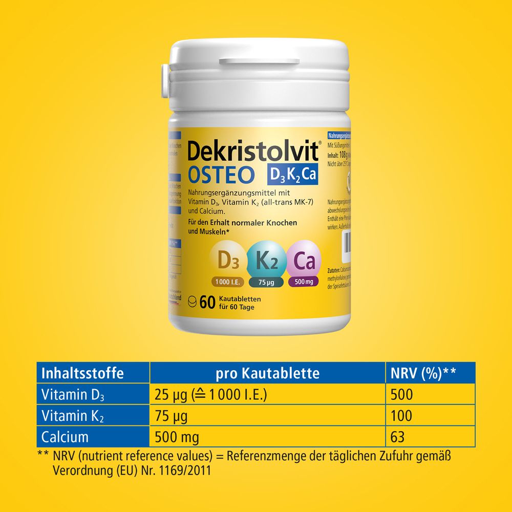 Dekristolvit® OSTEO D3K2Ca Kautabletten: Dose mit 60 Tabletten, enthält Vitamin D3 (1000 I.E.), K2 (75 µg) und Calcium (500 mg).