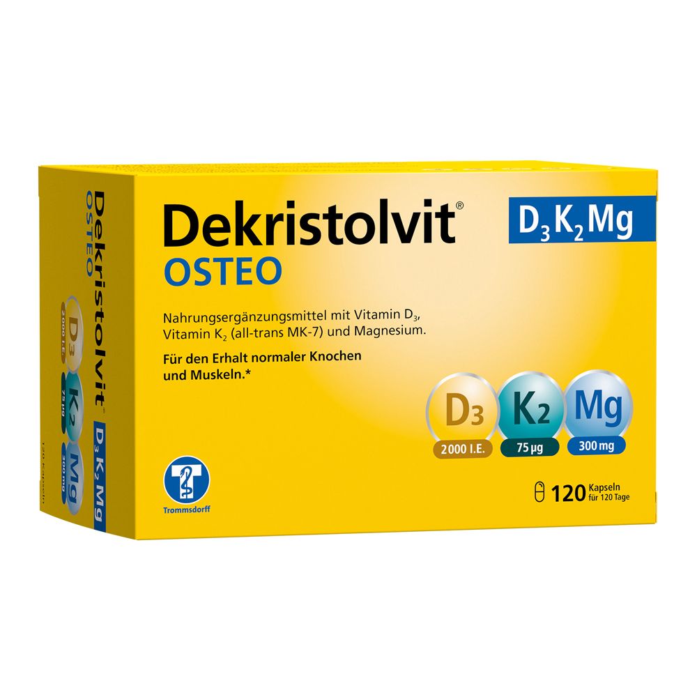 Dekristolvit® OSTEO D3K2Mg Packung mit 120 Kapseln.