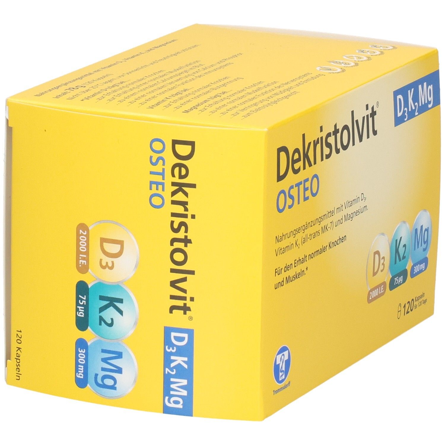 Dekristolvit OSTEO D3K2Mg Kapseln Verpackung, Seitenansicht. Enthält Vitamin D3, K2 und Magnesium.