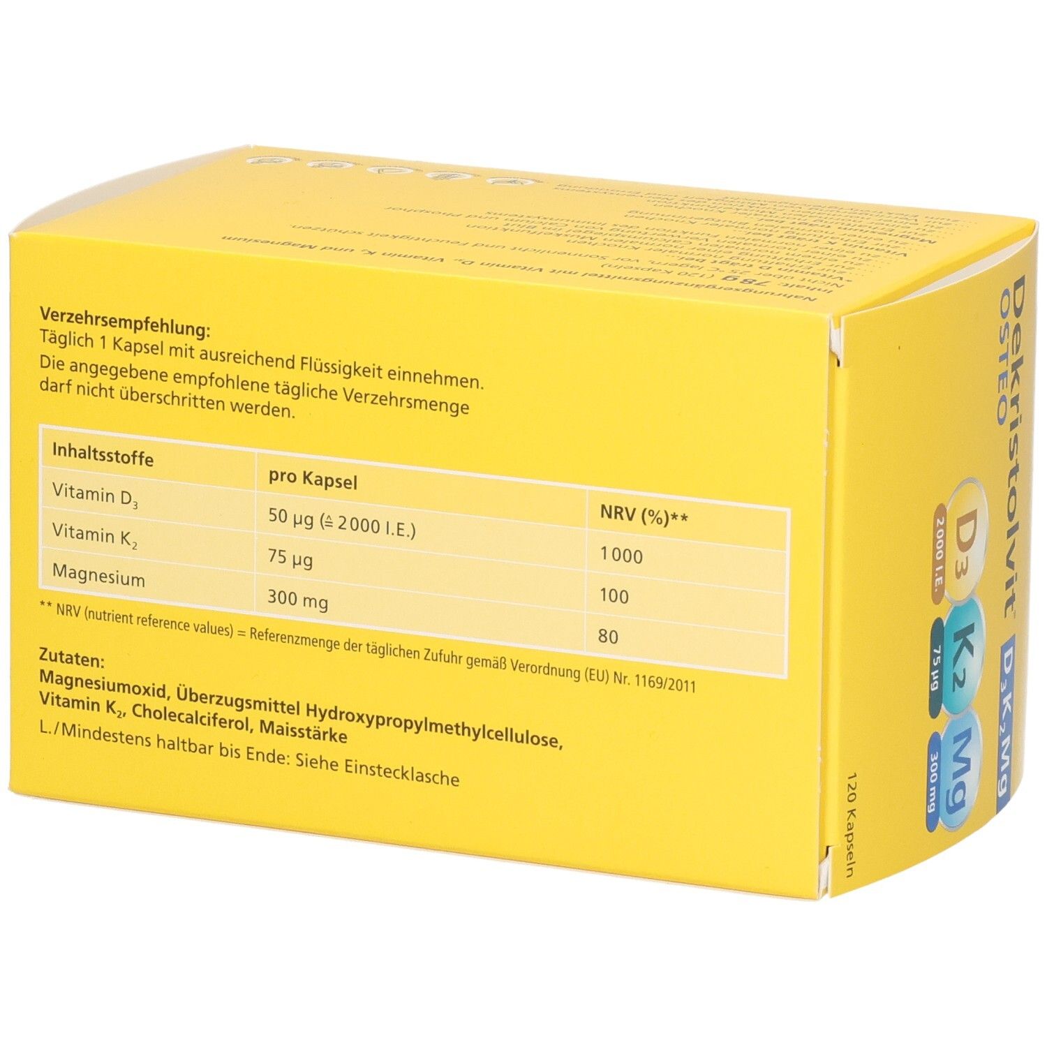 Rückseite der Dekristolvit OSTEO D3K2Mg Kapseln Verpackung mit Nährwertangaben.