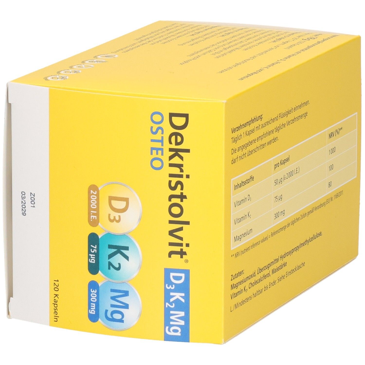 Dekristolvit OSTEO D3K2Mg Kapseln Verpackung, schräge Ansicht. Enthält Vitamin D3, K2 und Magnesium.