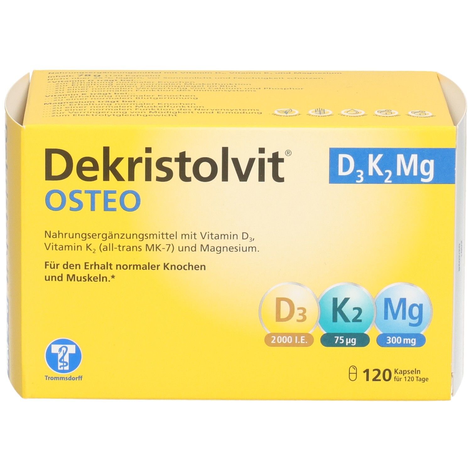 Dekristolvit OSTEO D3K2Mg Kapseln Verpackung. Enthält Vitamin D3, K2 und Magnesium.