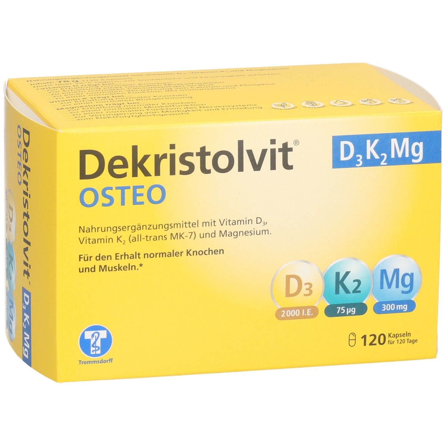 Dekristolvit OSTEO D3K2Mg Kapseln Verpackung, schräge Ansicht. Enthält Vitamin D3, K2 und Magnesium.