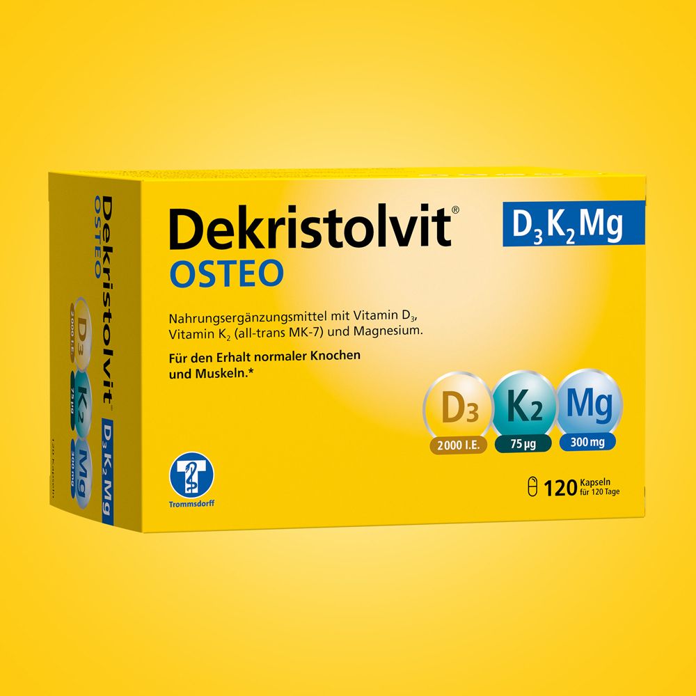 Dekristolvit® OSTEO D3K2Mg Packung mit 120 Kapseln.