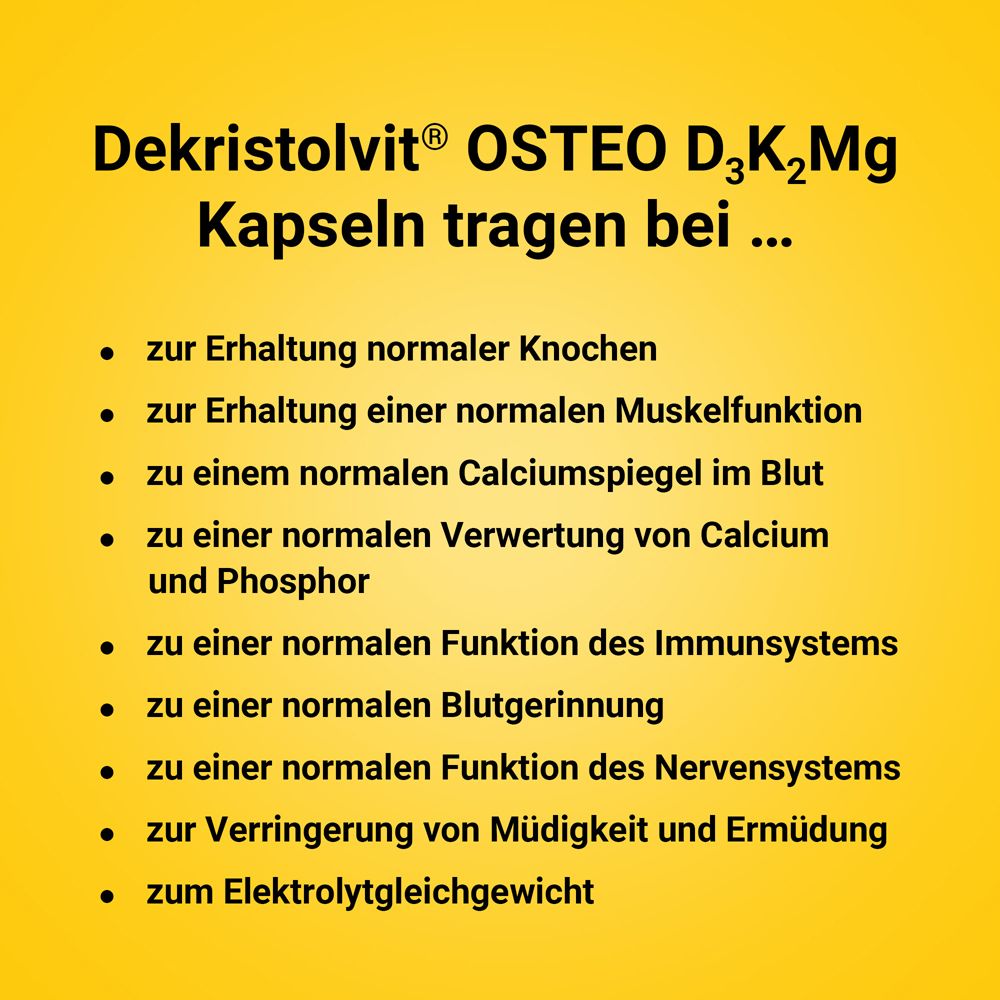 Dekristolvit® OSTEO D3K2Mg: Trägt zu normalen Knochen, Muskeln, Immunsystem bei.