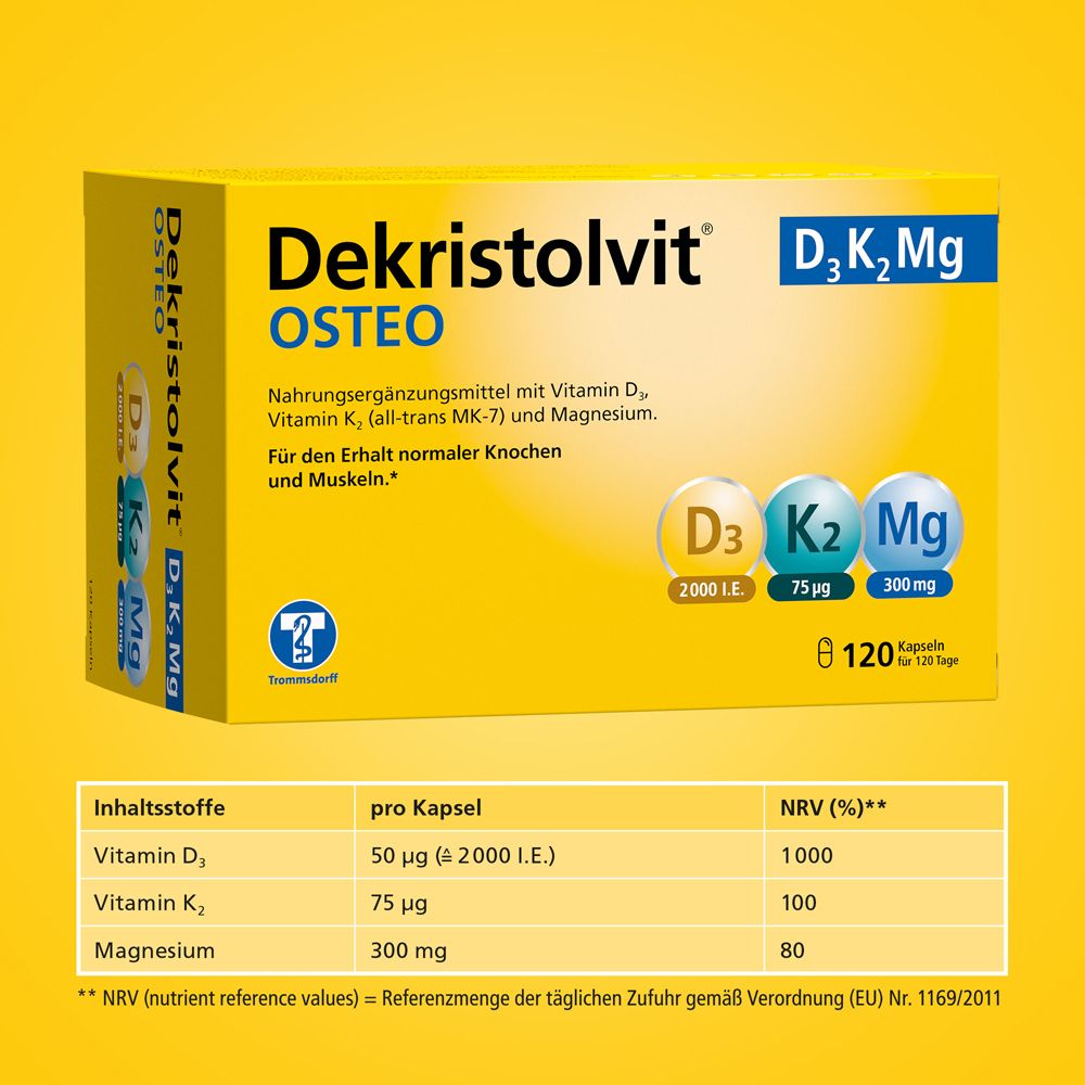Dekristolvit® OSTEO D3K2Mg: Inhaltsstoffe pro Kapsel: Vitamin D3, K2, Magnesium.