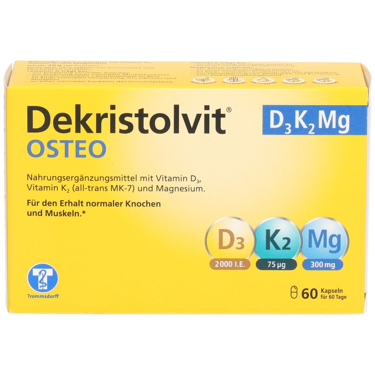 Dekristolvit Osteo D3K2Mg Kapseln Verpackung. Enthält Vitamin D3, K2 und Magnesium. 60 Kapseln.