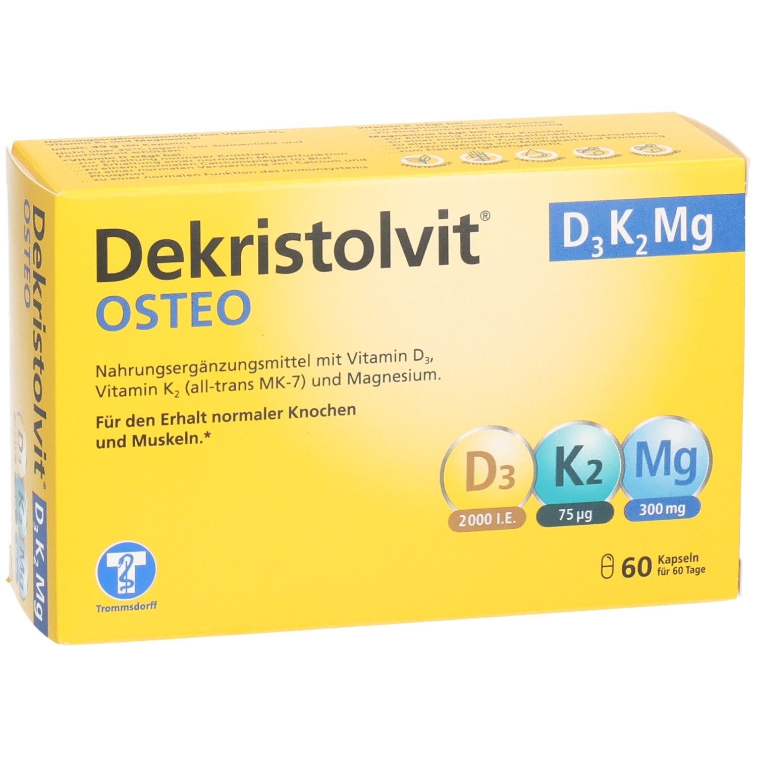 Vorderseite der Dekristolvit Osteo D3K2Mg Kapseln Verpackung. Enthält Vitamin D3, K2 und Magnesium. 60 Kapseln.