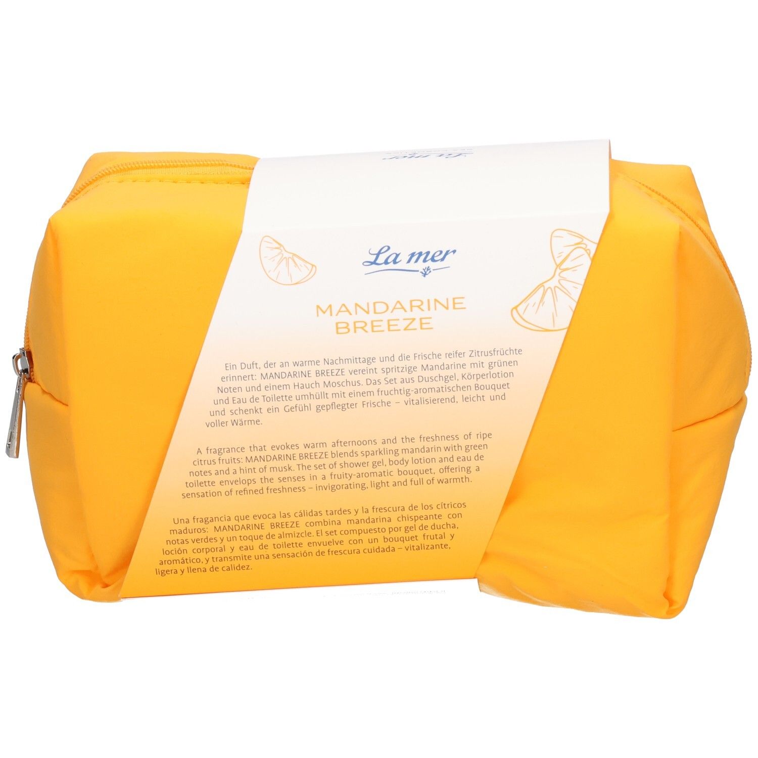Gelbe Kosmetiktasche mit La Mer Mandarine Breeze Set. Verpackung mit Text und Produktabbildung.