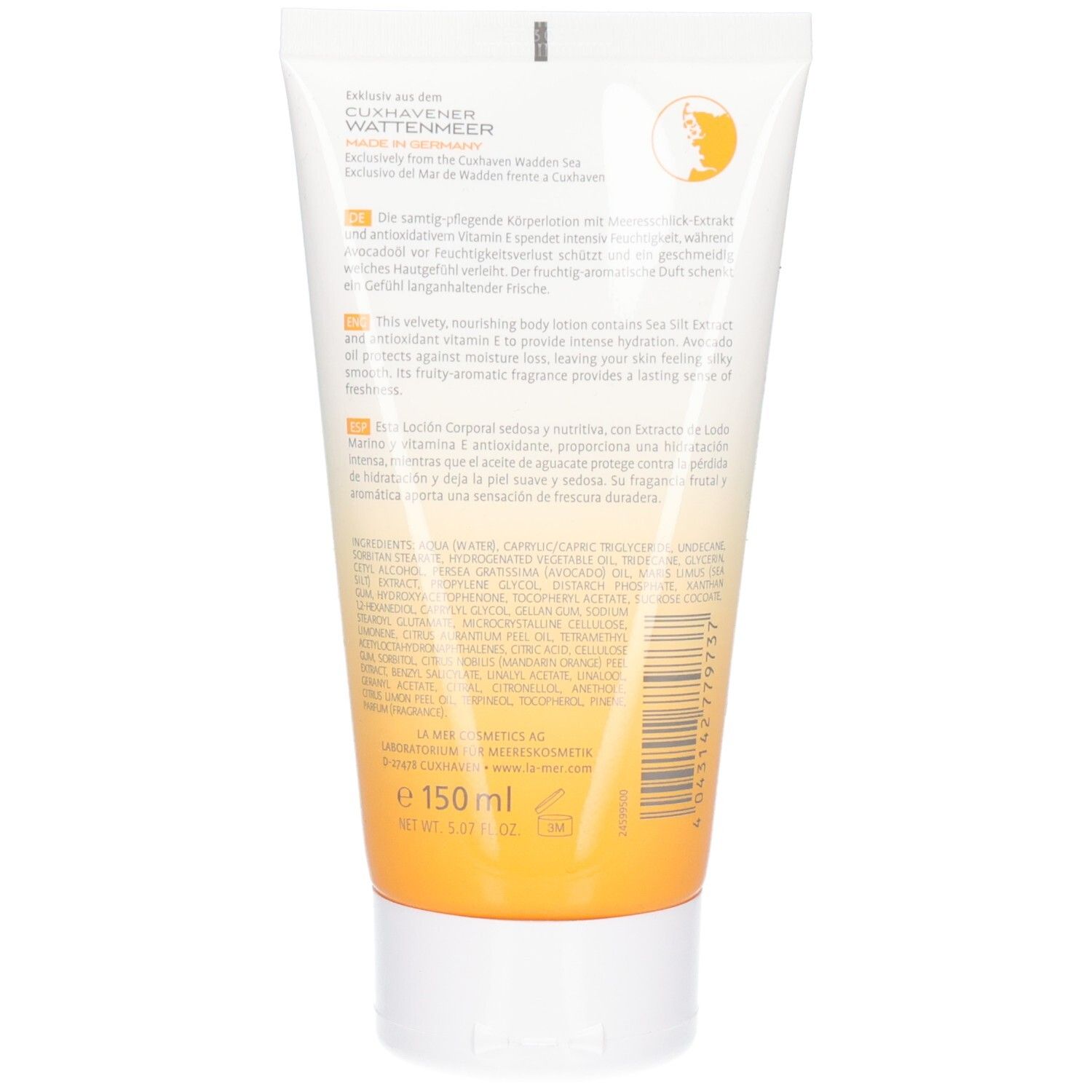 Rückseite der Tube. Text in mehreren Sprachen. Enthält Informationen über Inhaltsstoffe und Hersteller. 150 ml.