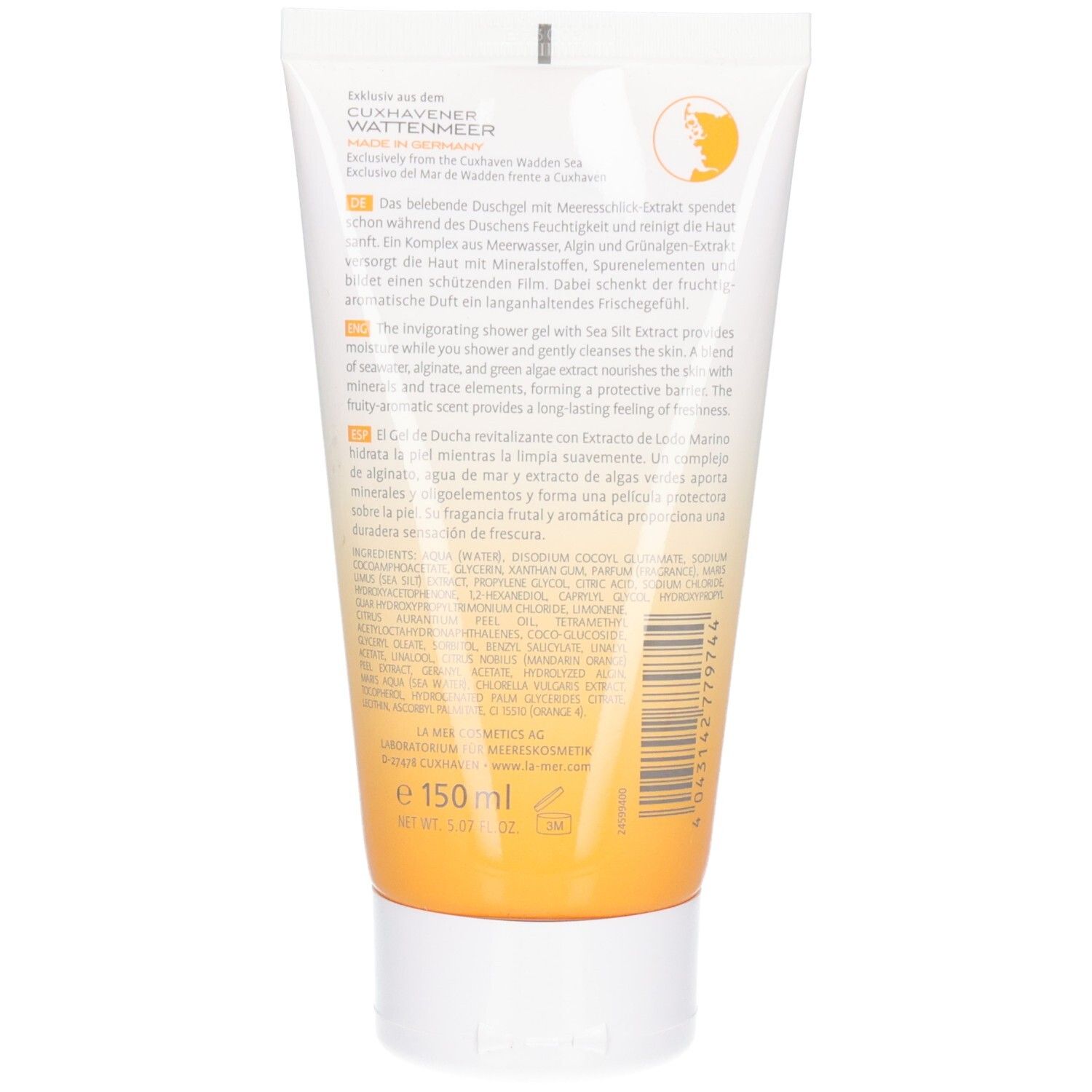 Rückseite der Tube. Text in mehreren Sprachen. Farbverlauf von Weiß zu Orange. Aufschrift: E 150 ml.