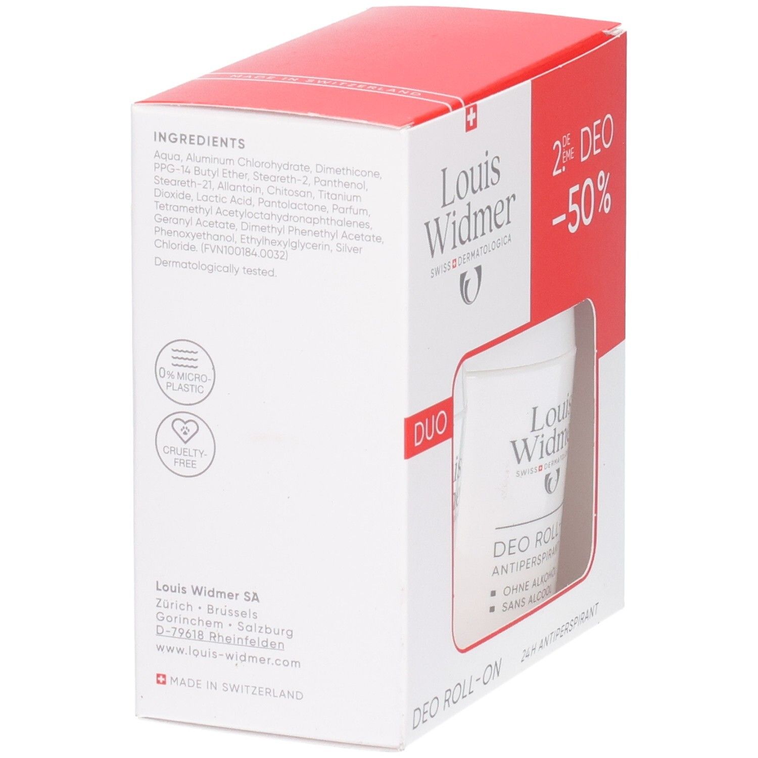 Louis Widmer Duo Deo Roll-on Antiperspirant Verpackung Seite mit Inhaltsstoffen und Siegeln.
