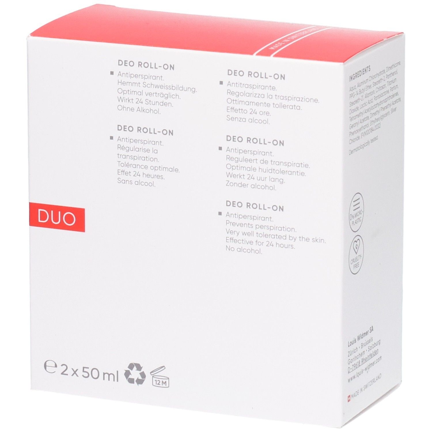 Louis Widmer Duo Deo Roll-on Antiperspirant Rückseite mit Produktinformationen und Mengenangabe.