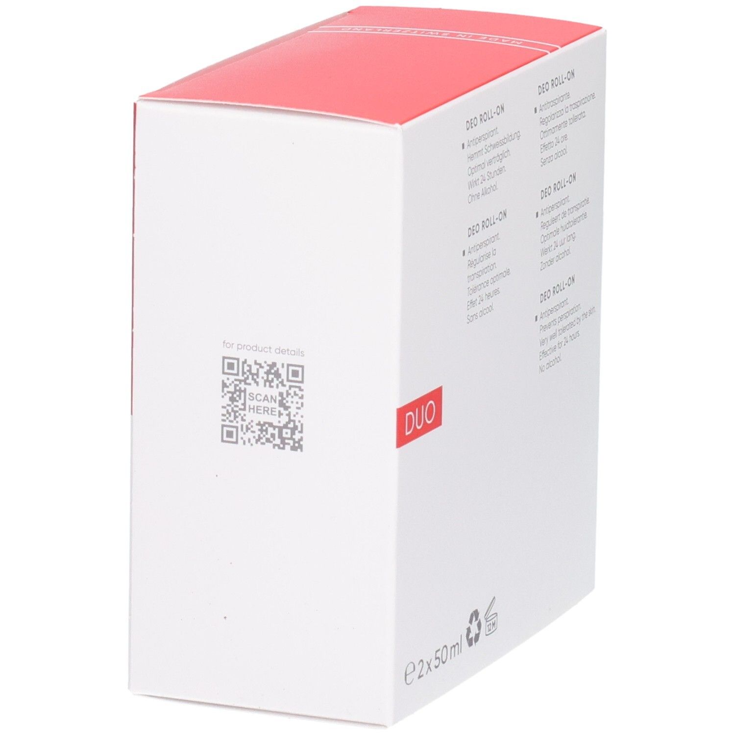 Louis Widmer Duo Deo Roll-on Antiperspirant Verpackung Seite mit QR-Code.