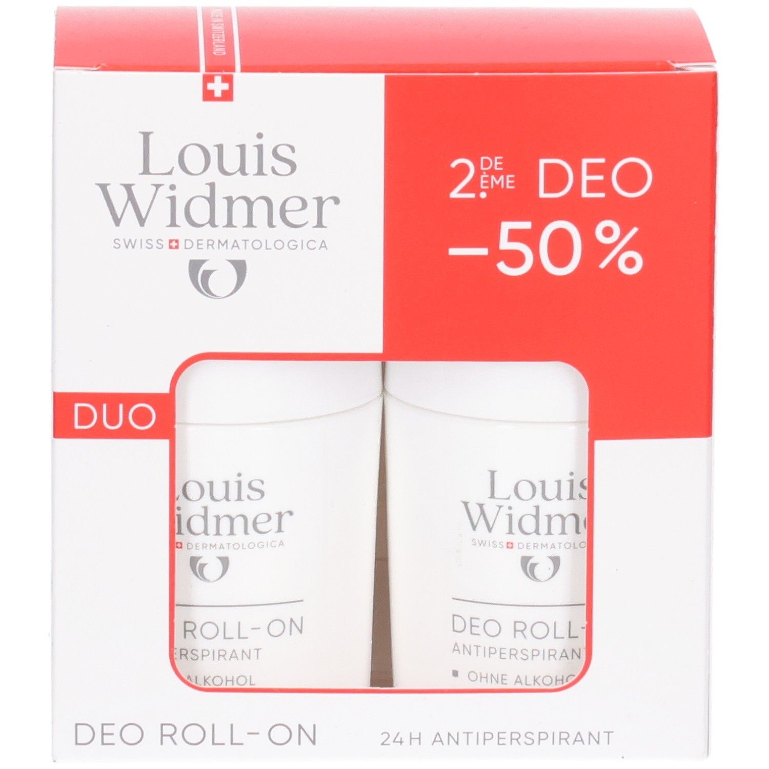 Louis Widmer Duo Deo Roll-on Antiperspirant Geschenkpackung mit zwei Roll-ons.