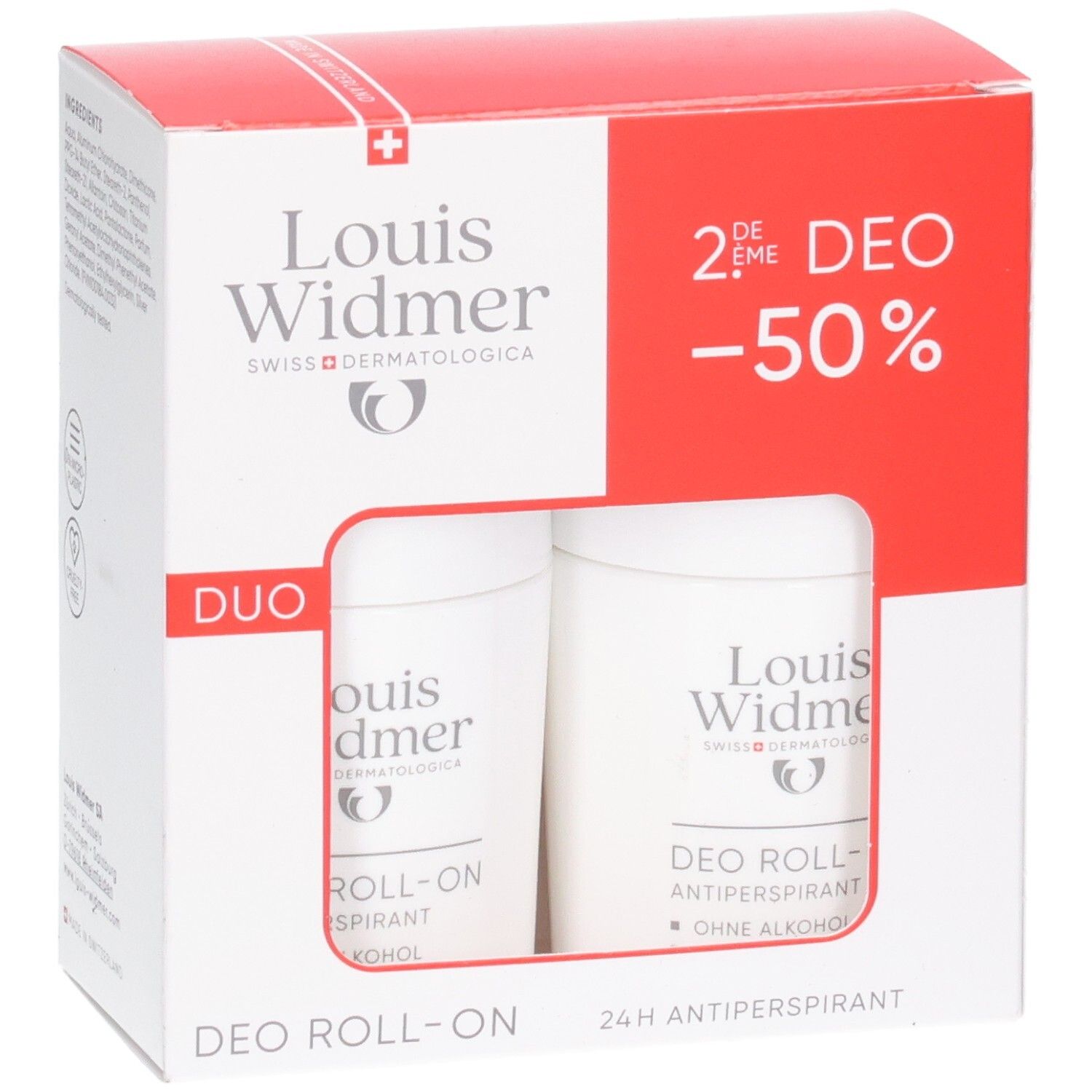 Louis Widmer Duo Deo Roll-on Antiperspirant Geschenkpackung mit zwei Roll-ons.