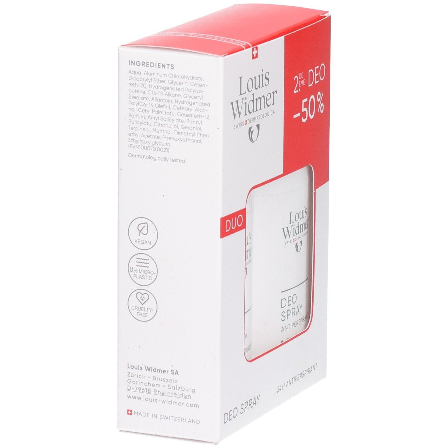 Louis Widmer Deo Spray Antiperspirant Duo Packung, Seitenansicht mit Inhaltsstoffen und Siegeln.