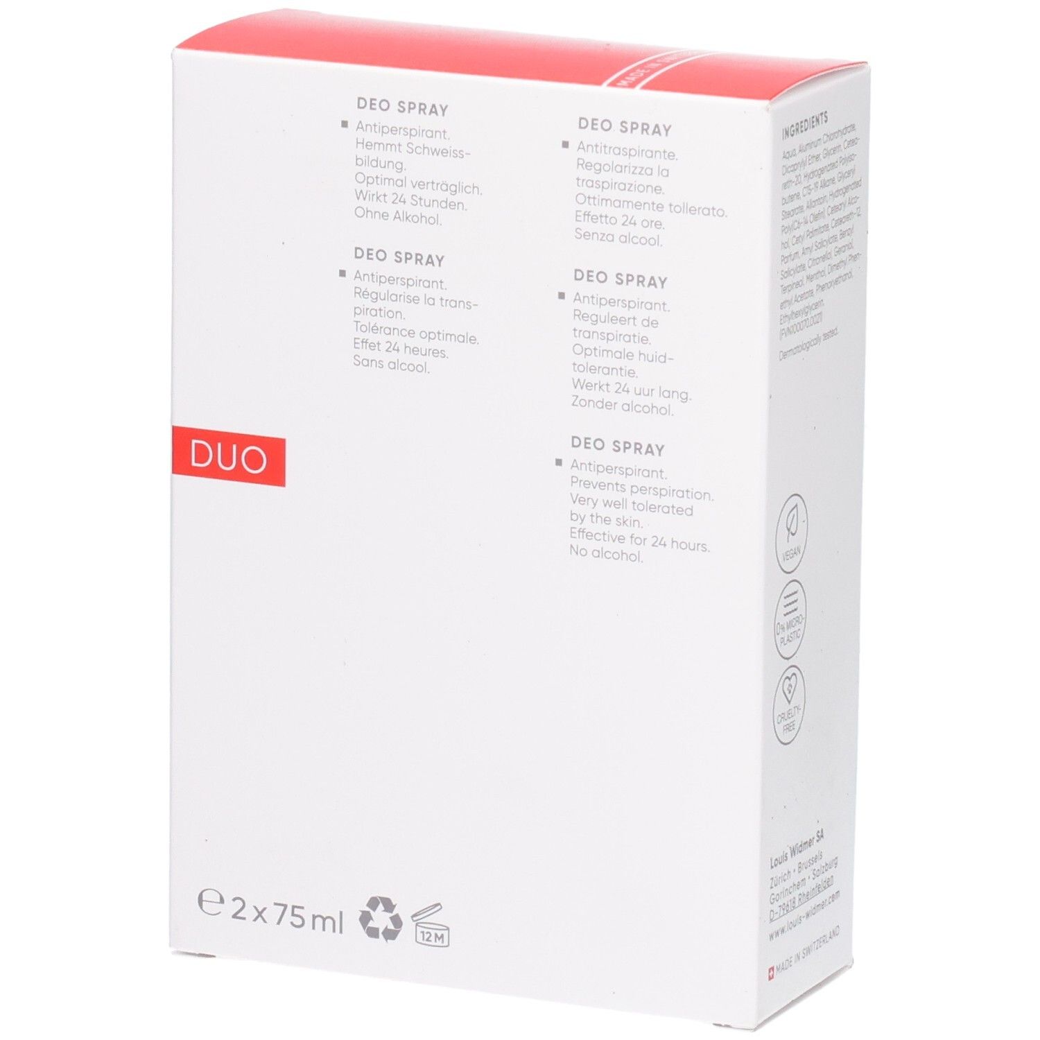 Louis Widmer Deo Spray Antiperspirant Duo Packung, Rückseite mit Produktinformationen.