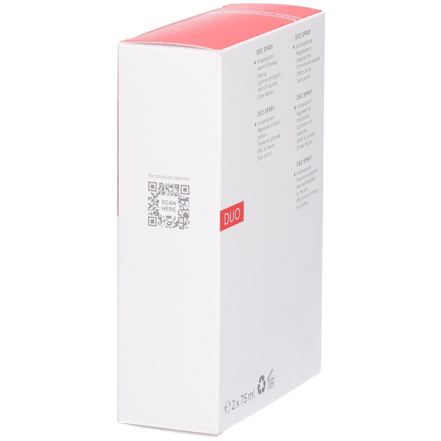 Louis Widmer Deo Spray Antiperspirant Duo Packung, Seitenansicht mit QR-Code.