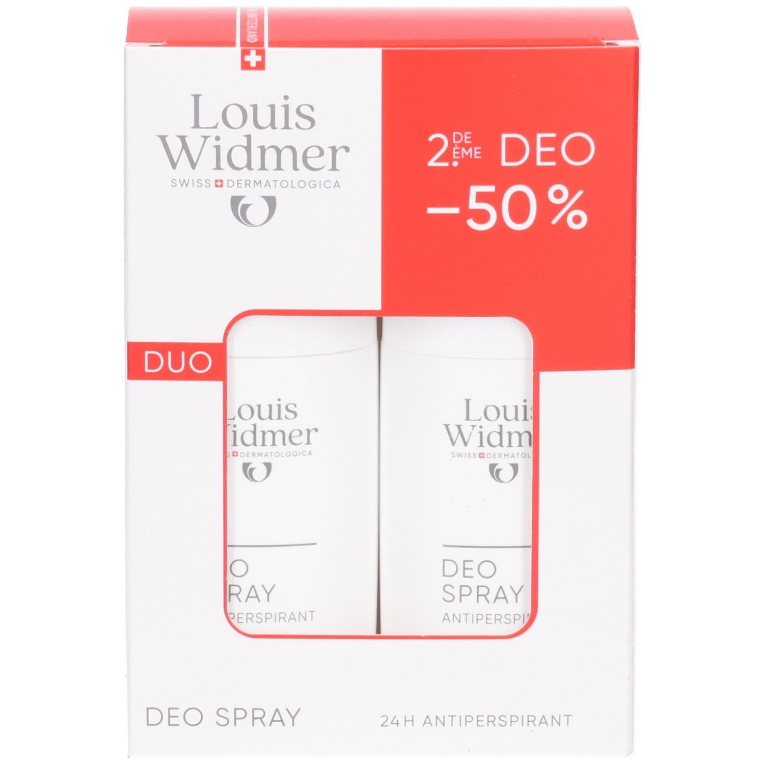 Louis Widmer Deo Spray Antiperspirant Duo Packung mit zwei Aerosoldosen.