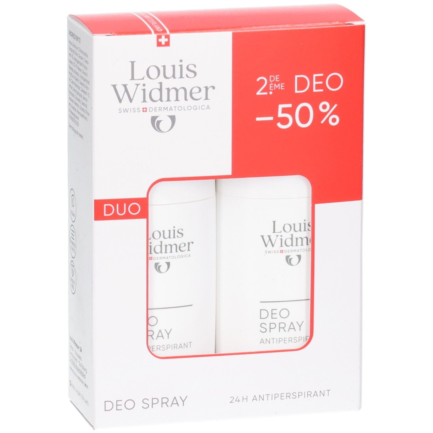 Louis Widmer Deo Spray Antiperspirant Duo Packung mit zwei Aerosoldosen.