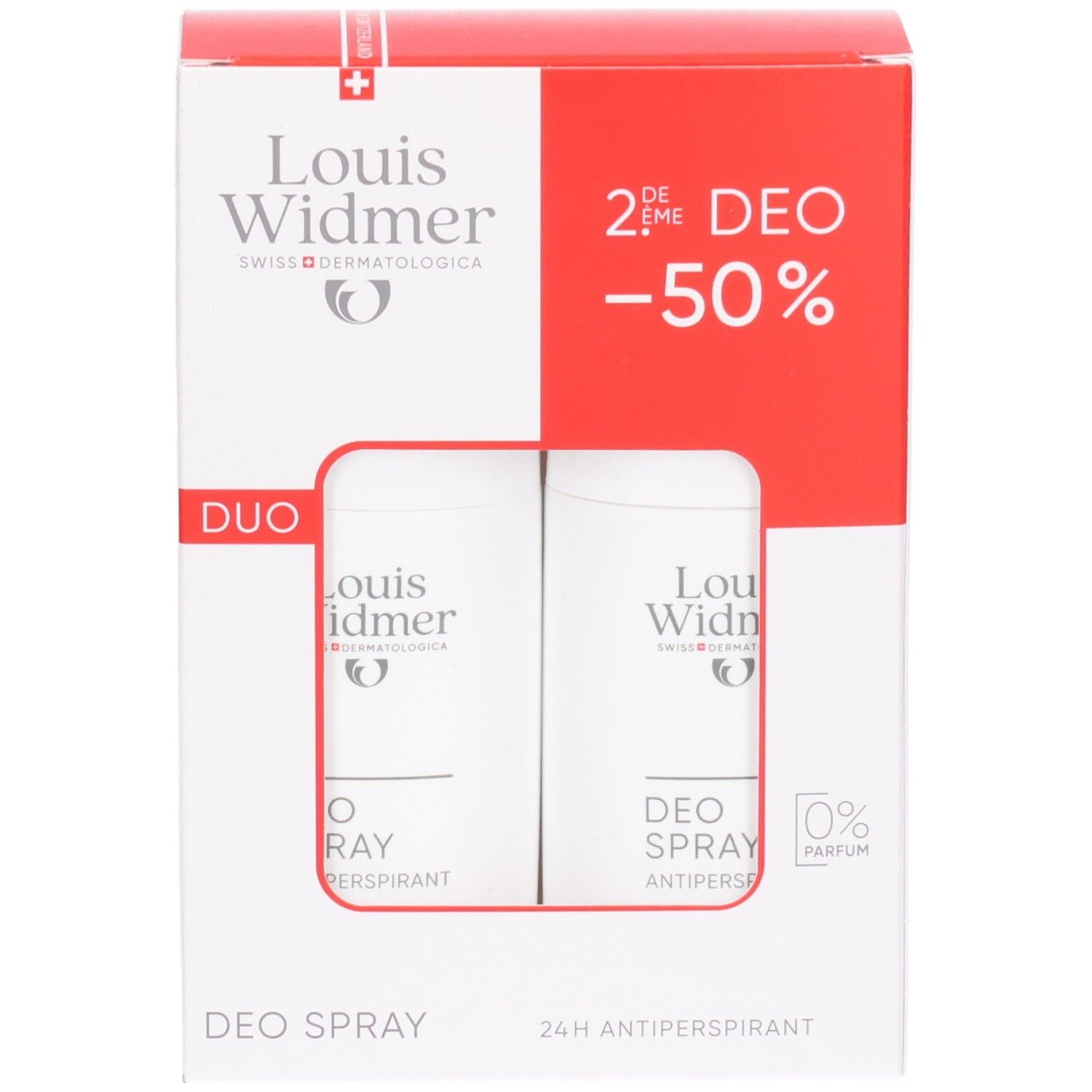 Louis Widmer Deo Spray Duo Packung mit zwei weißen Aerosoldosen, 24h Antiperspirant, 0% Parfum.