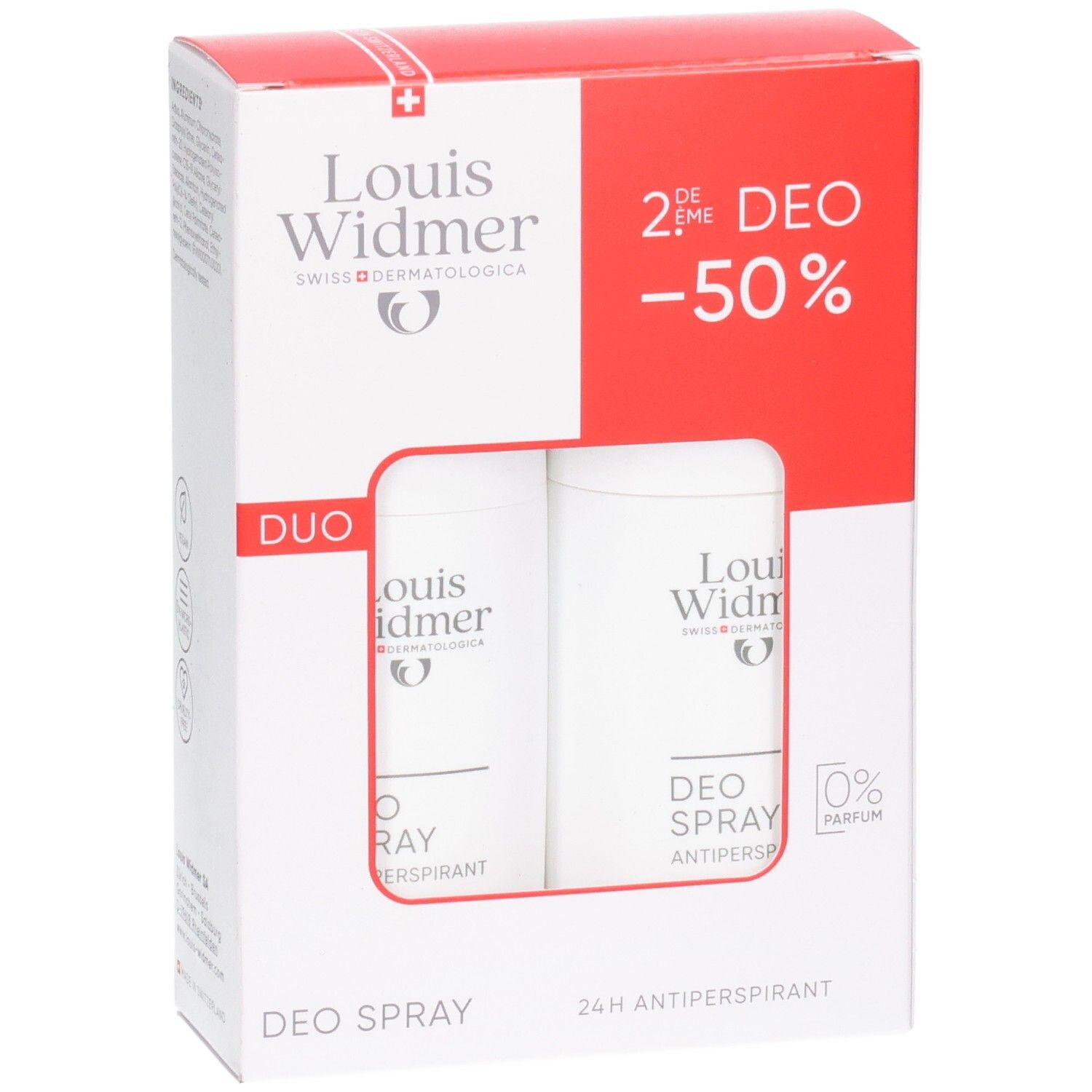 Louis Widmer Deo Spray Duo Packung mit zwei weißen Aerosoldosen, 24h Antiperspirant, 0% Parfum.