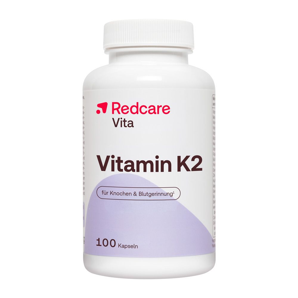 Weiße Dose mit Redcare Vita Vitamin K2 Kapseln, 100 Stück.