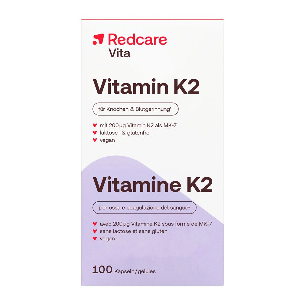 Verpackung von Redcare Vita Vitamin K2 Kapseln, 100 Stück.
