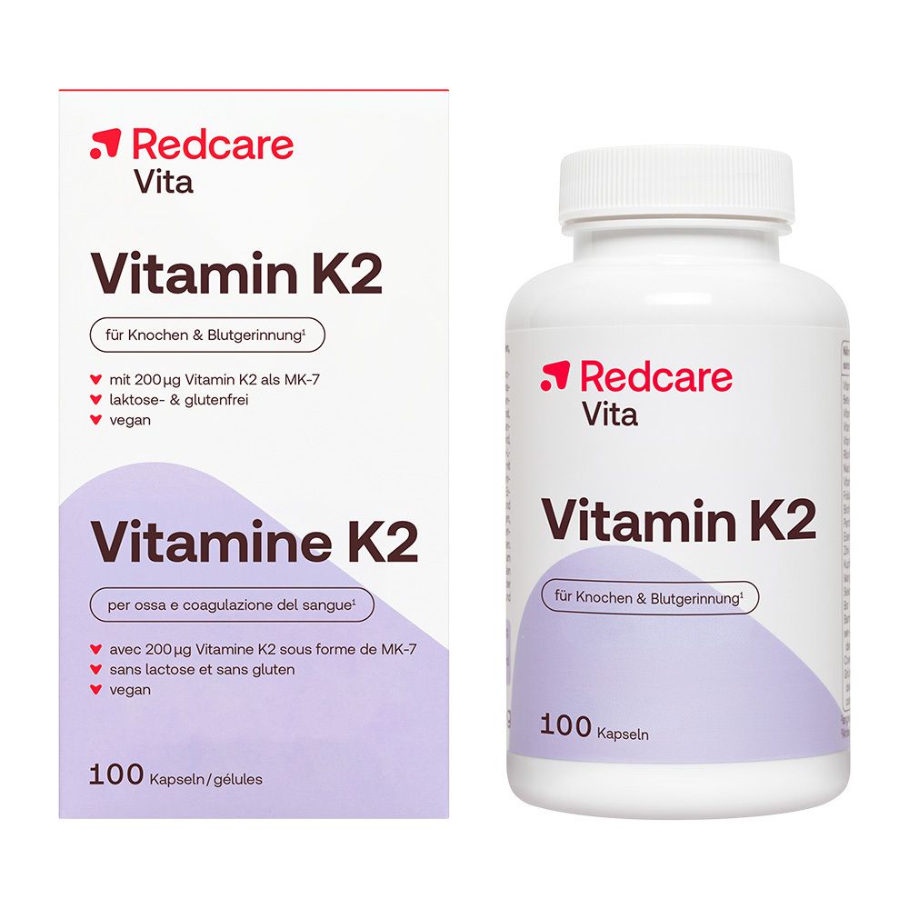 Redcare Vita Vitamin K2 Kapseln und Verpackung, 100 Stück.