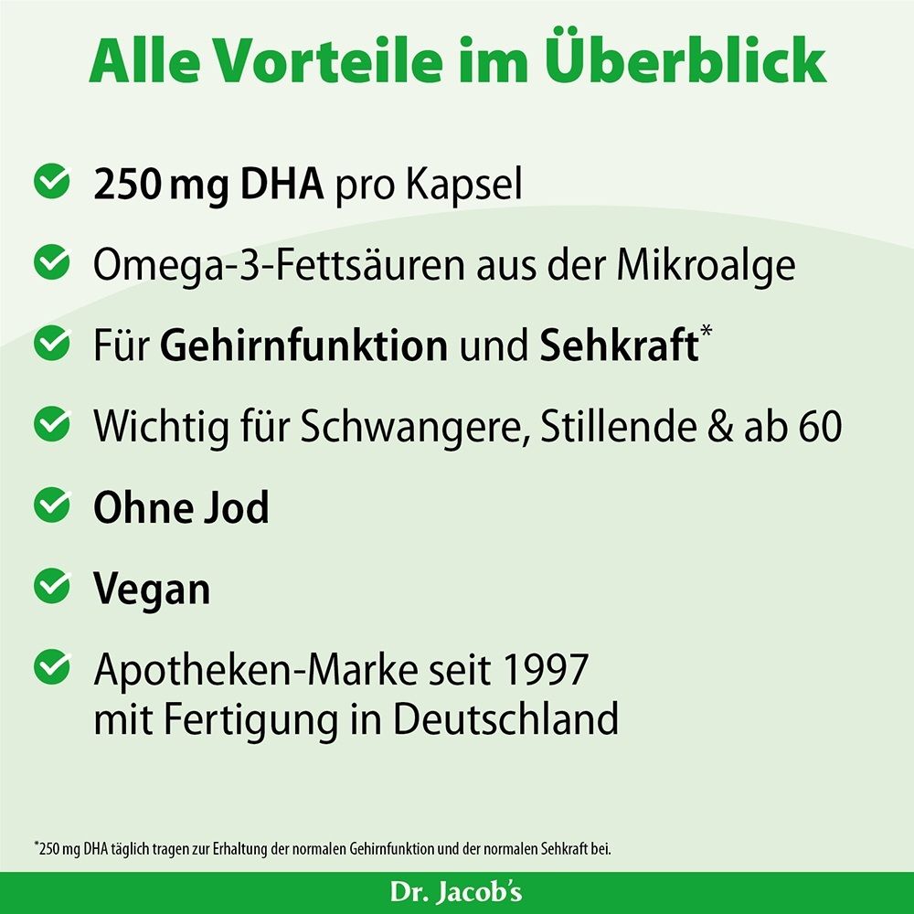 Übersicht der Vorteile von Dr. Jacob's DHA-Algenöl: 250 mg DHA pro Kapsel, vegan, gut für Gehirn und Sehkraft.