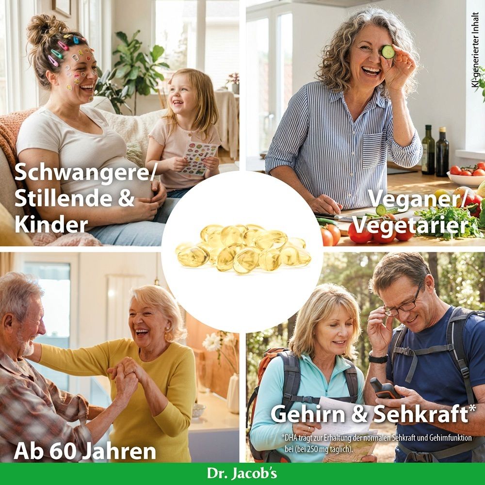Collage zeigt verschiedene Personengruppen, die von Dr. Jacob's DHA-Algenöl profitieren: Schwangere, Veganer, Ältere.