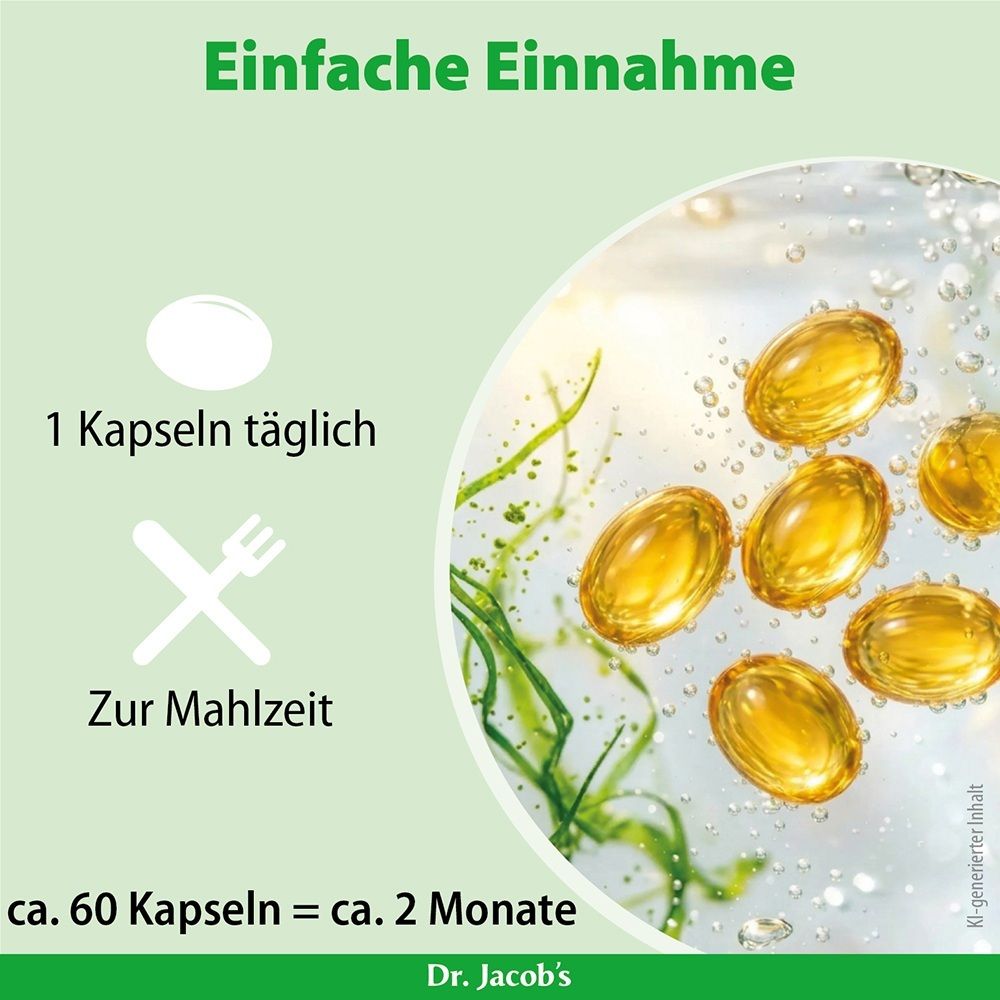 Sechs DHA-Algenöl-Kapseln in einer Wassertropfen-Umgebung mit Algen.