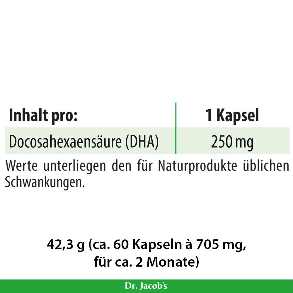 Nährwertangaben: 1 Kapsel enthält 250 mg Docosahexaensäure (DHA). Inhalt ca. 60 Kapseln.