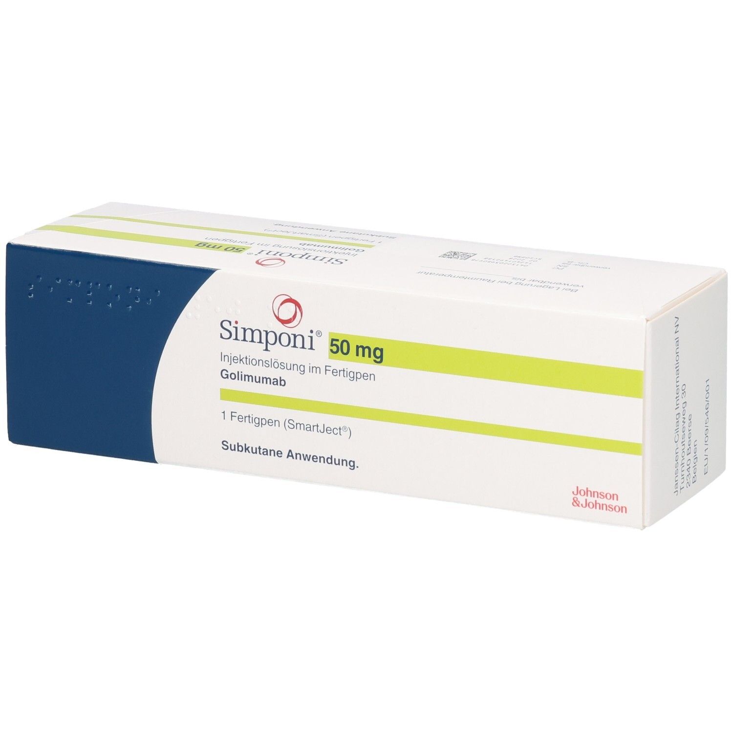 Verpackung von Simponi 50 mg Injektionslösung im Fertigpen, Golimumab. Enthält 1 Fertigpen (SmartJect). Subkutane Anwendung.