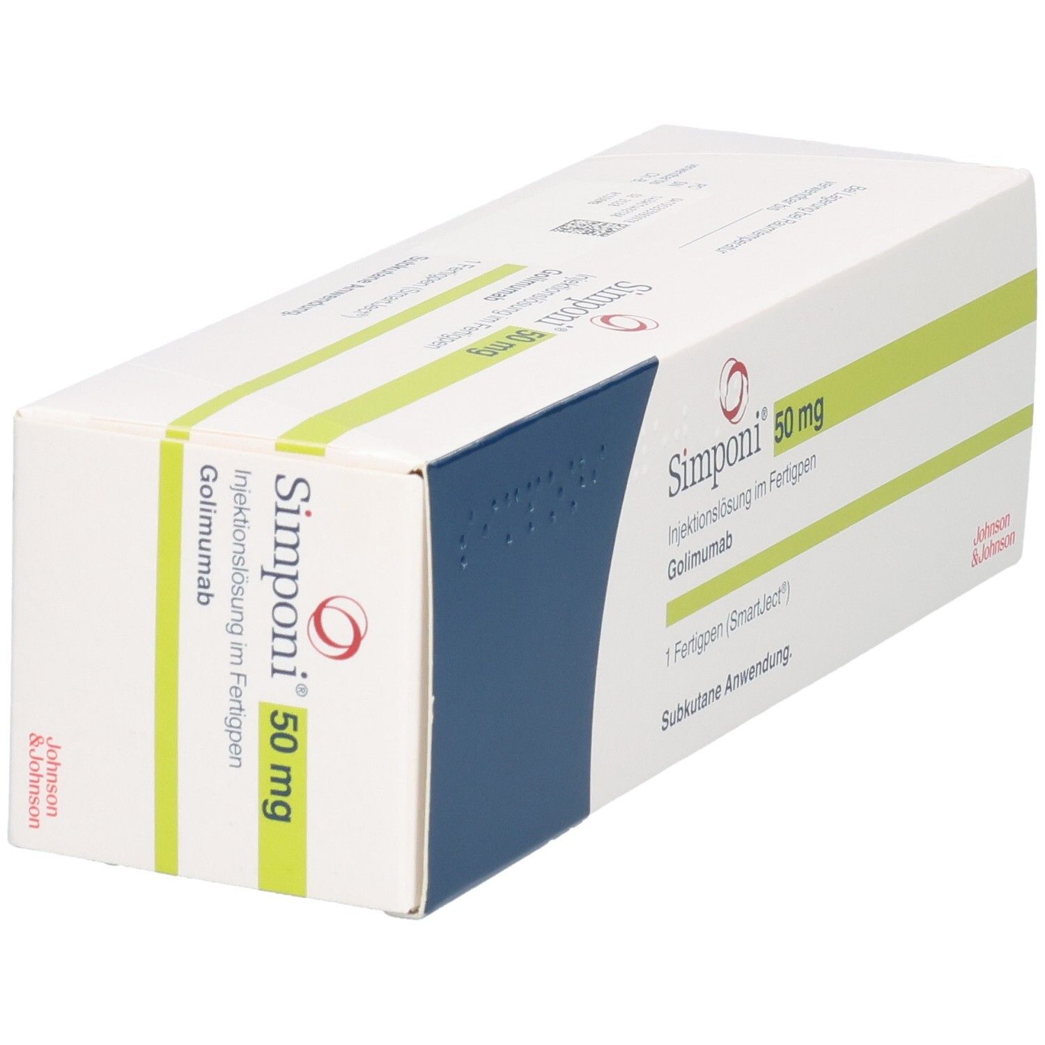 Verpackung von Simponi 50 mg Injektionslösung im Fertigpen, Golimumab. Enthält 1 Fertigpen (SmartJect). Subkutane Anwendung.