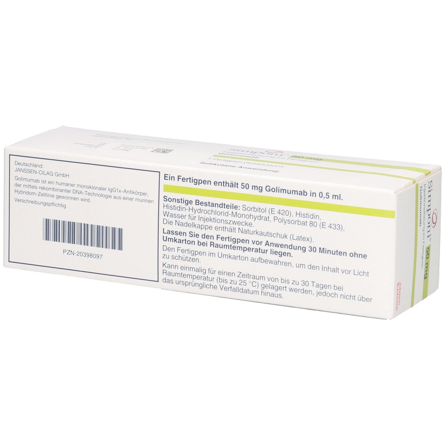 Rückseite der Simponi 50 mg Verpackung. Enthält Golimumab in 0,5 ml. Informationen zu Inhaltsstoffen und Lagerung.