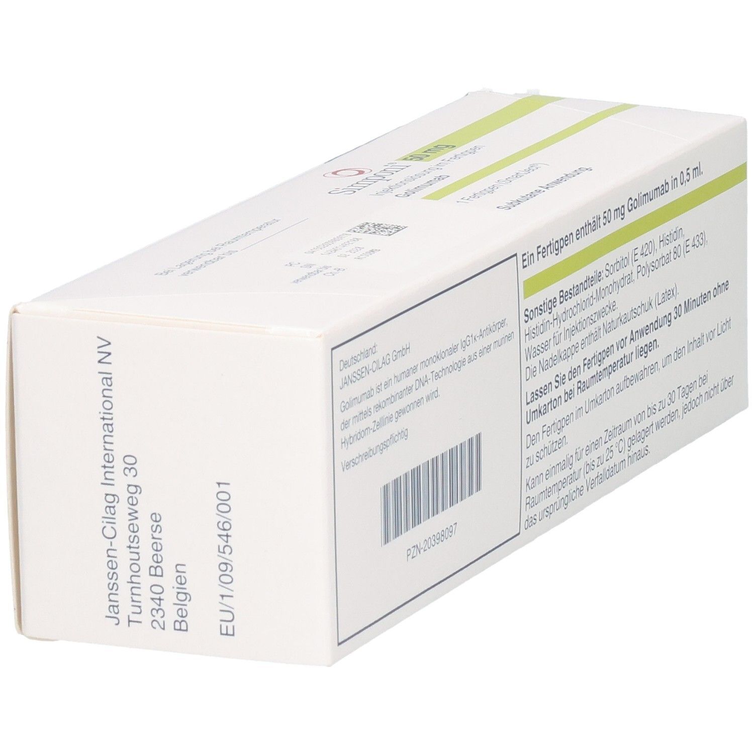 Seite der Simponi 50 mg Verpackung mit Herstellerinformationen und Zulassungsnummer.