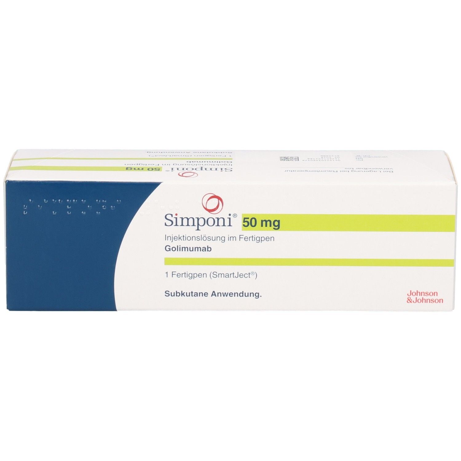 Verpackung von Simponi 50 mg Injektionslösung im Fertigpen, Golimumab. Enthält 1 Fertigpen (SmartJect). Subkutane Anwendung.