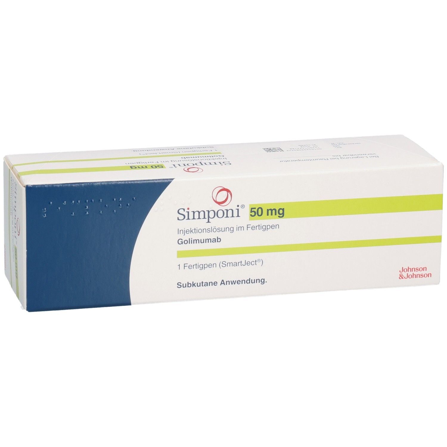 Verpackung von Simponi 50 mg Injektionslösung im Fertigpen, Golimumab. Enthält 1 Fertigpen (SmartJect). Subkutane Anwendung.