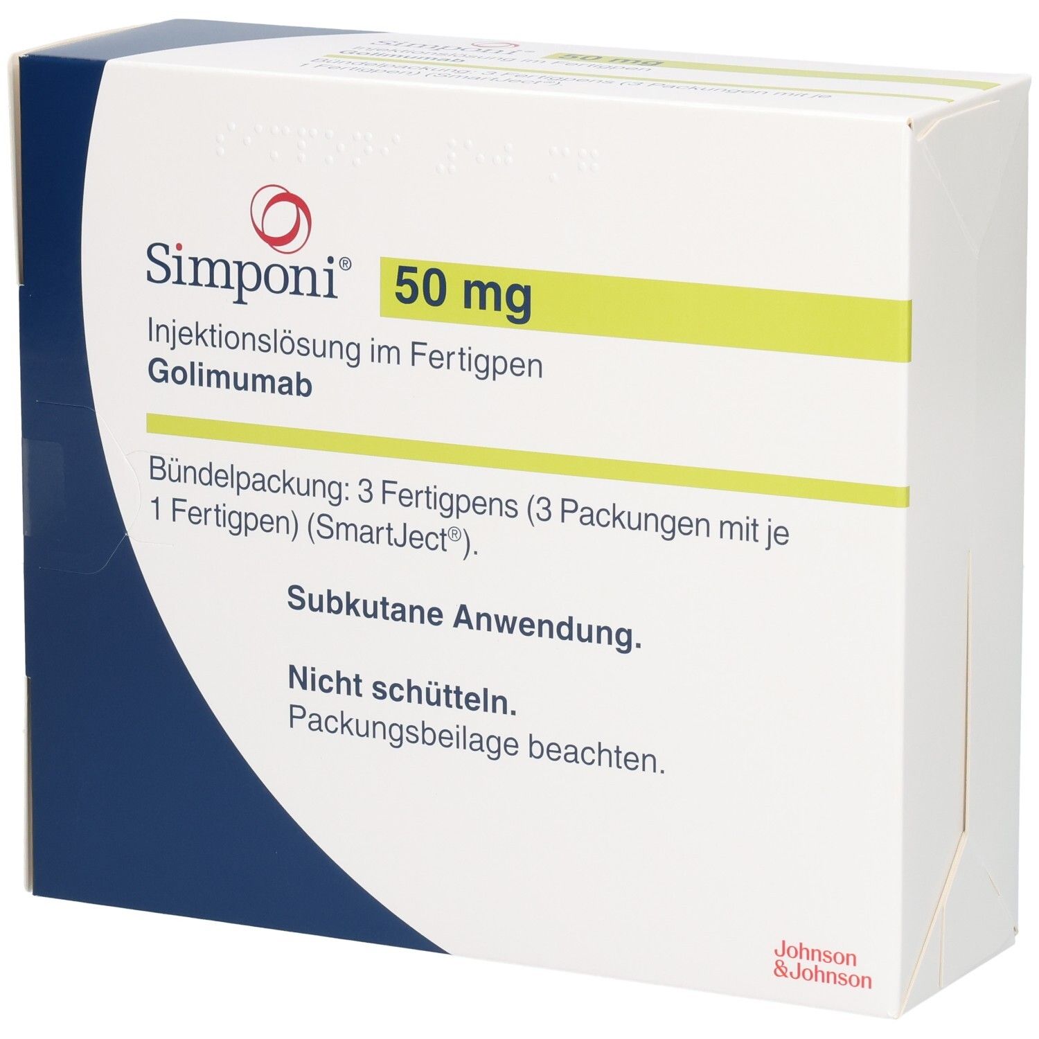 Simponi 50 mg Injektionslösung im Fertigpen: Bündelpackung mit 3 Fertigpens. Subkutane Anwendung.