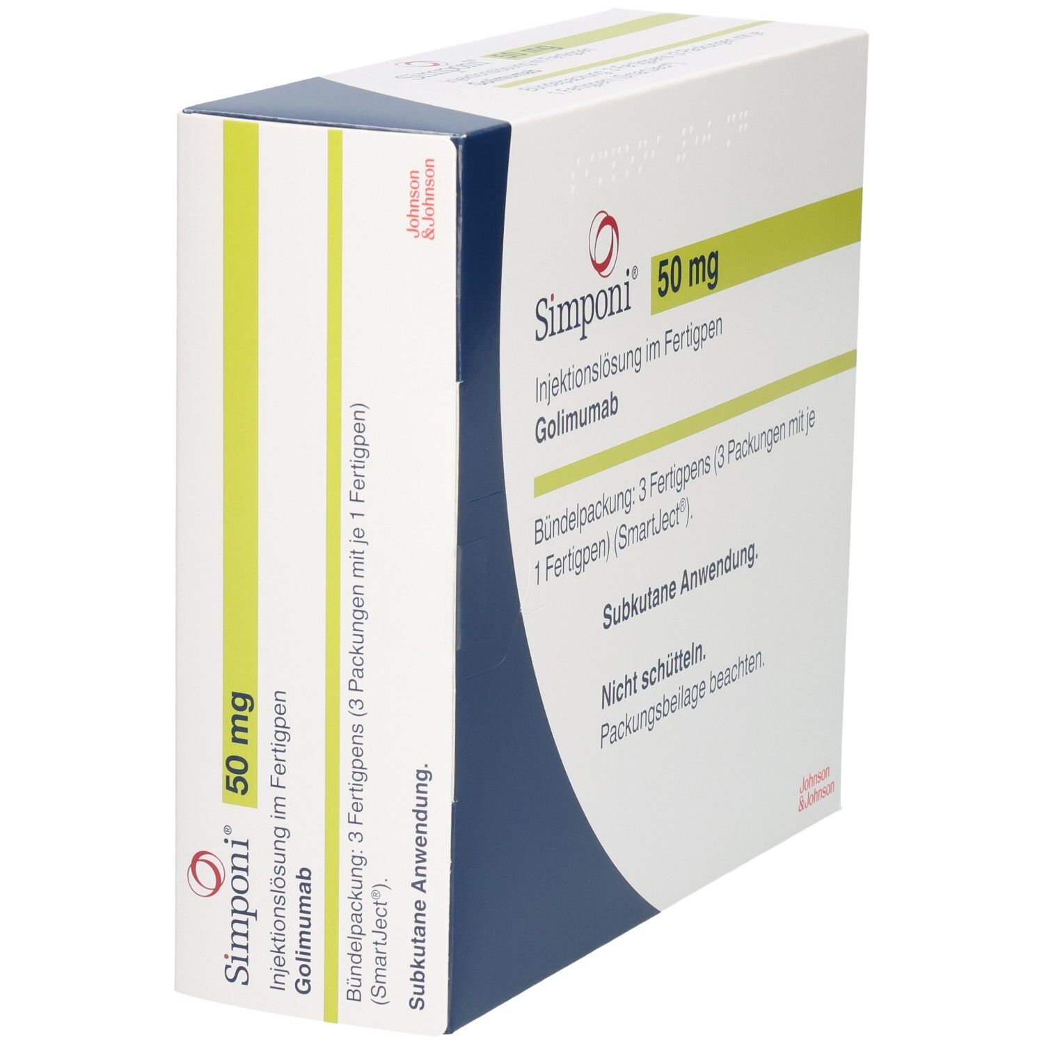 Simponi 50 mg Injektionslösung im Fertigpen: Seitenansicht der Bündelpackung mit 3 Fertigpens.