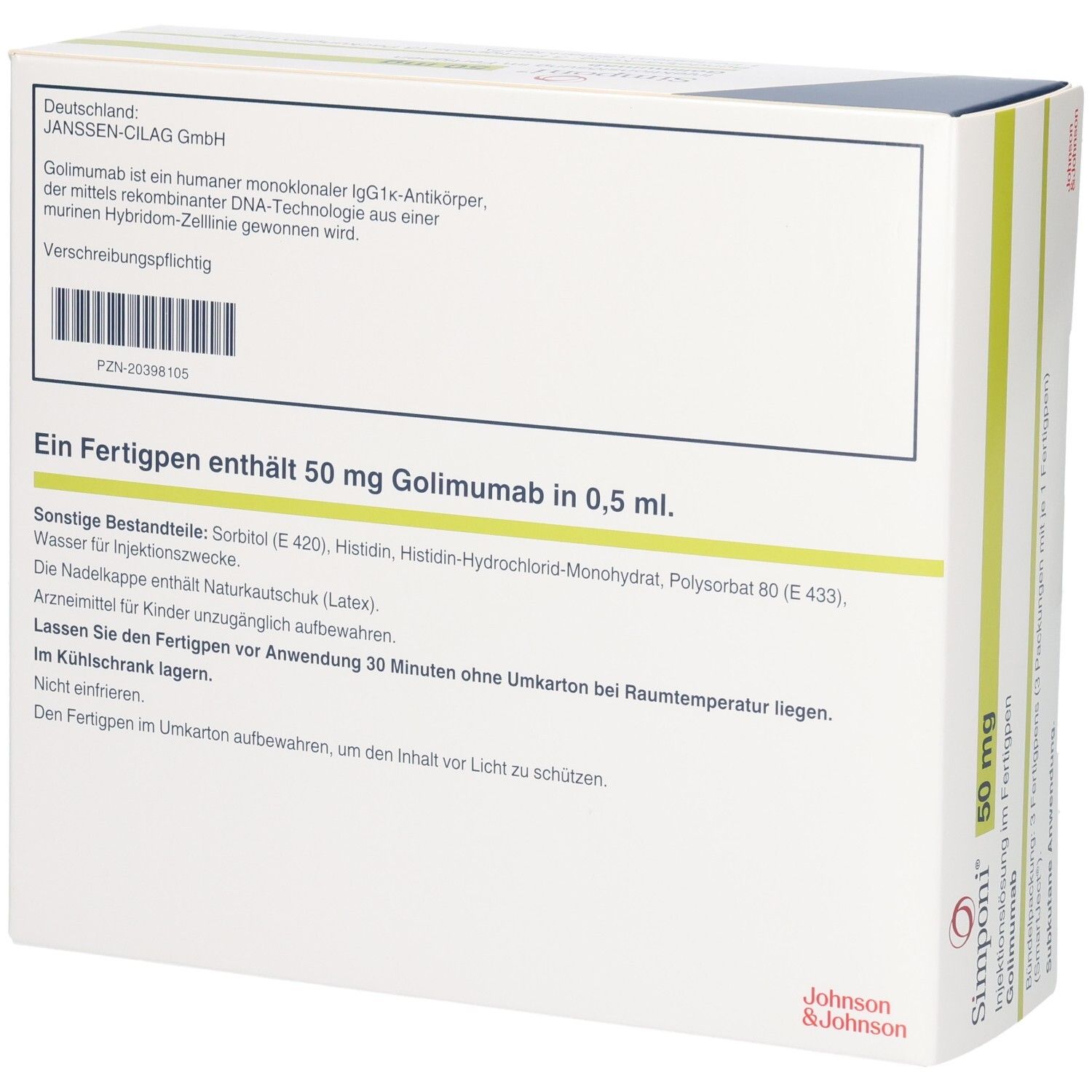 Rückseite der Simponi 50 mg Fertigpen-Packung mit Produktinformationen und Barcode.