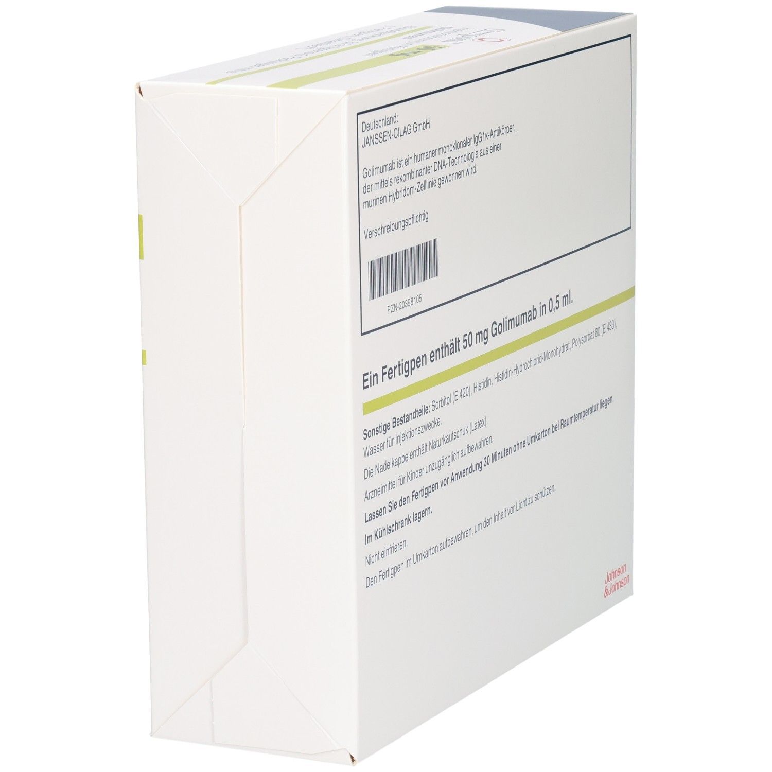 Detailansicht der Rückseite der Simponi 50 mg Fertigpen-Packung mit Anwendungshinweisen.