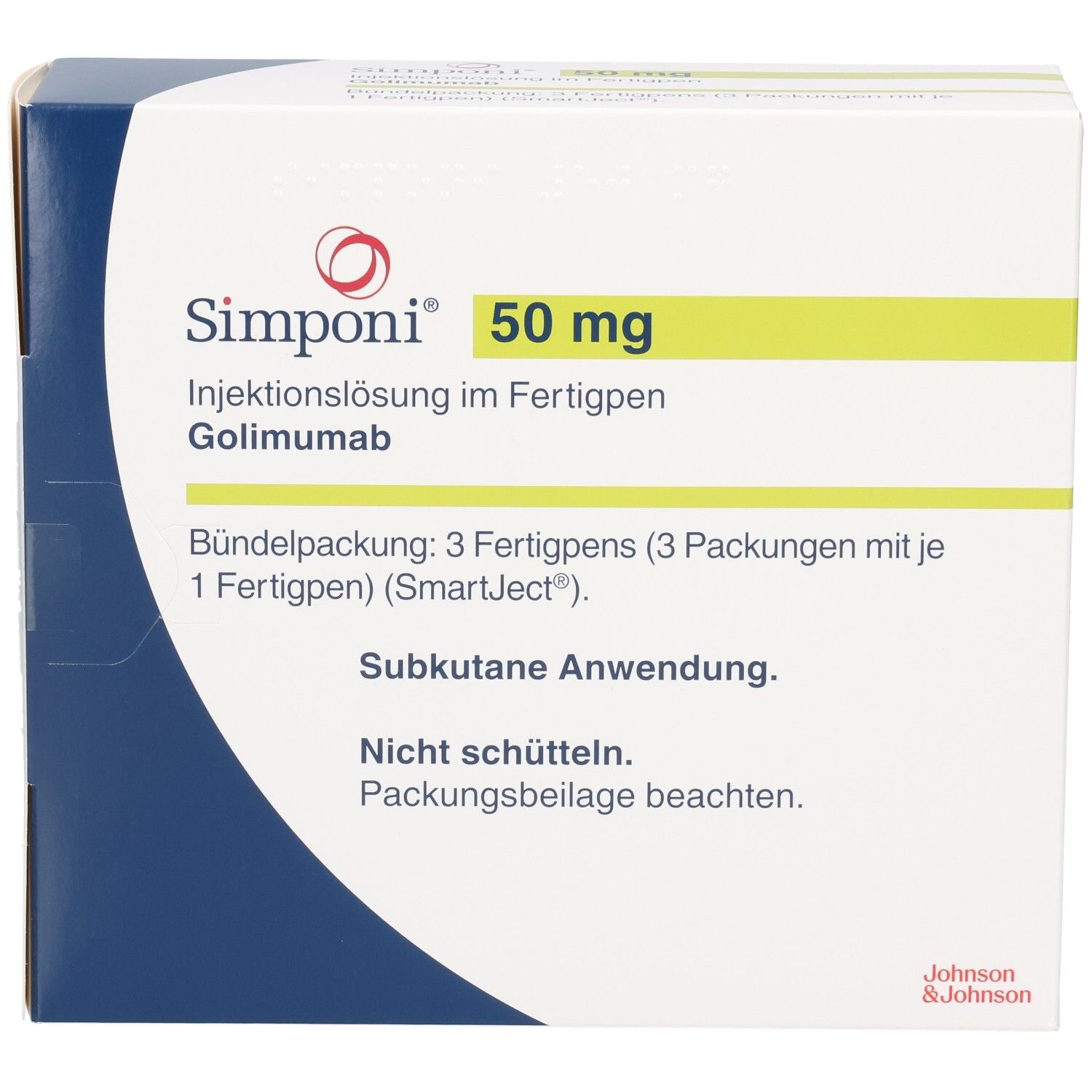 Simponi 50 mg Injektionslösung im Fertigpen: Vorderseite der Bündelpackung mit 3 Fertigpens.